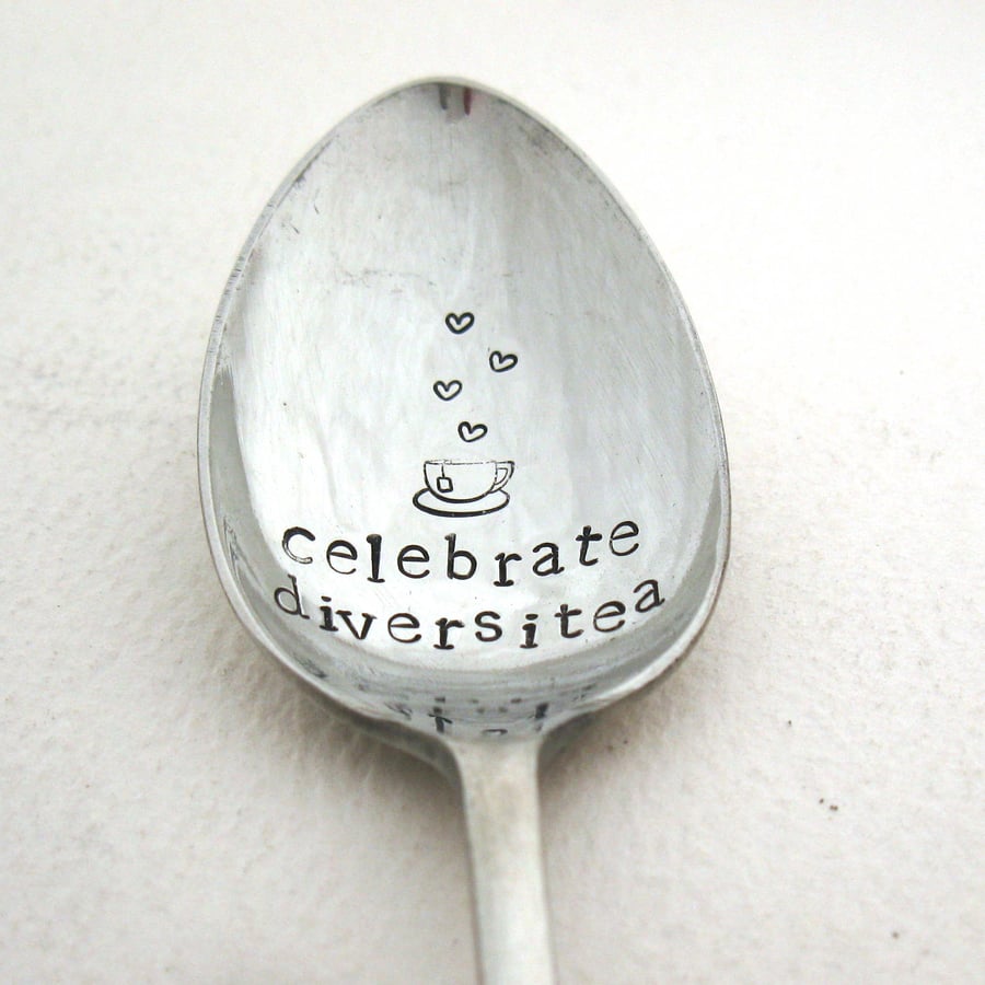 Diversiteaspoon, Handstamped Spoon, Hand Stamped Vintage Tea Spoon