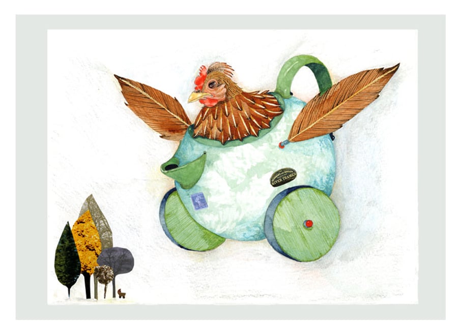 Print of Chicken in Flying Teapot A4 Giclee illustration print