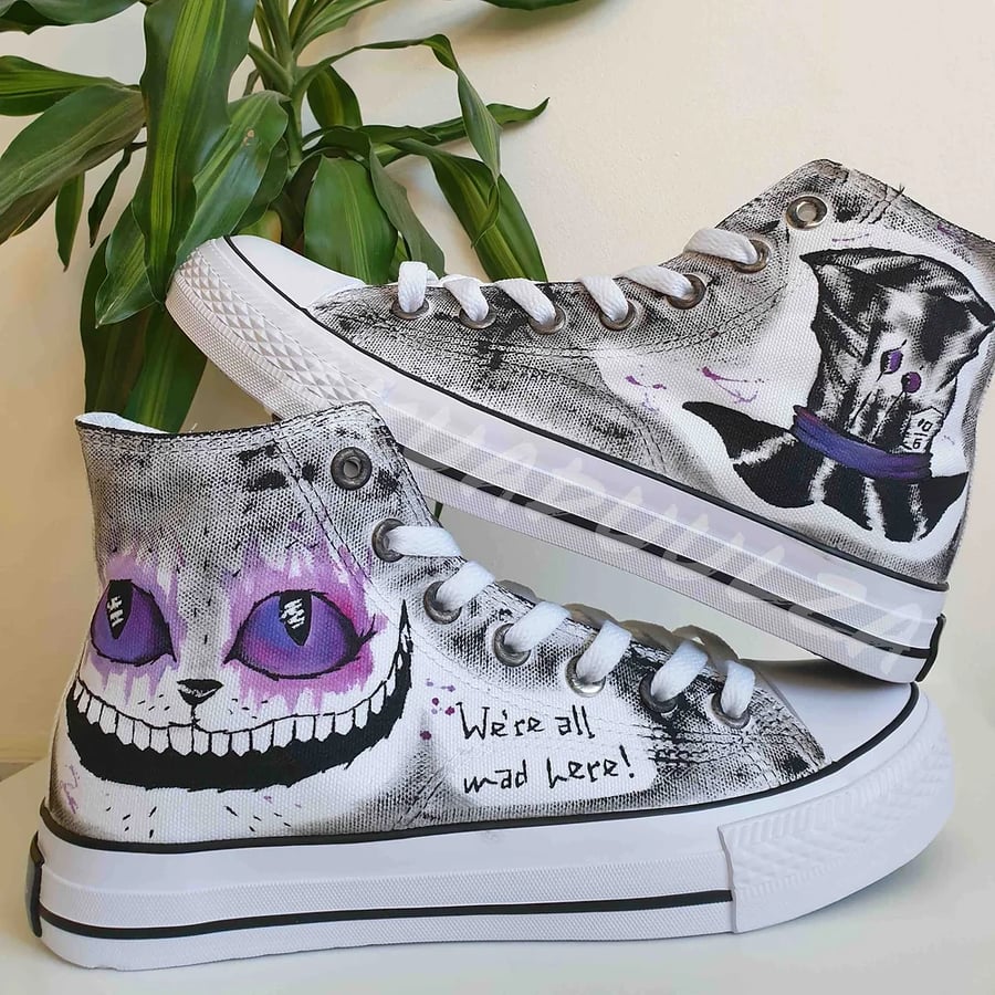 Purple Cheshire cat hand painted shoes, Alice in wonderland shoes