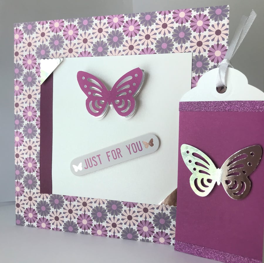 Handmade butterfly Lilac pink happy birthday card 6 x 6 ins matching gift tag 