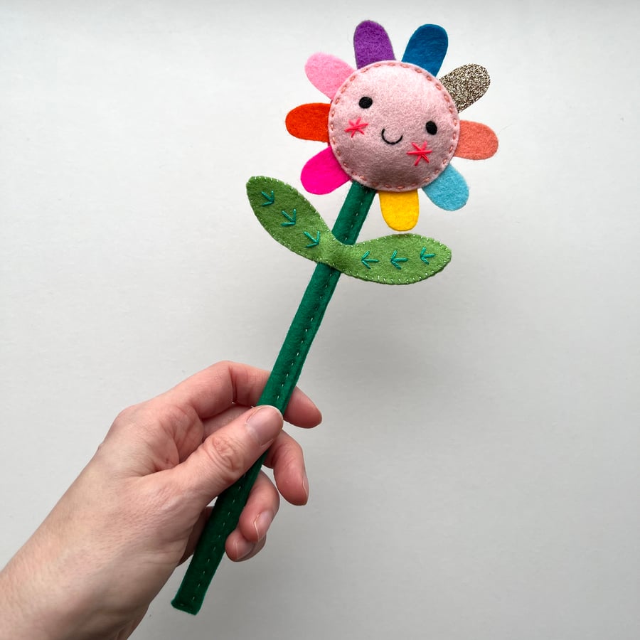 Happy Rainbow Felt Flower Hand Embroidered Decoration - pink face