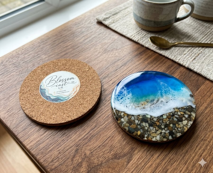 Large 10cm Resin Beach Coaster with Real Pebbles and Cork Backing