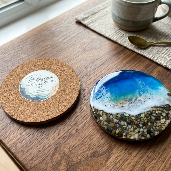 Large 10cm Resin Beach Coaster with Real Pebbles and Cork Backing
