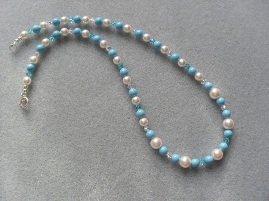 Turquoise, Ivory Pearl and Crystal Necklace With Swarovski Elements