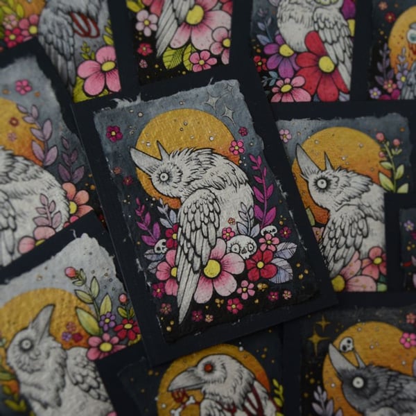 white raven in spring blossom - original aceo illustration