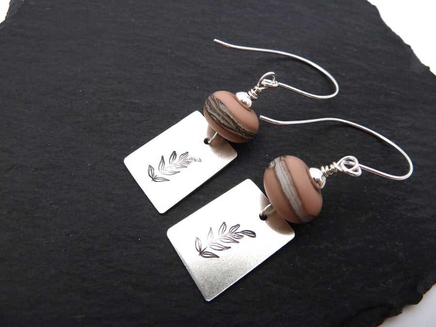 sterling silver earrings, pale brown lampwork glass 