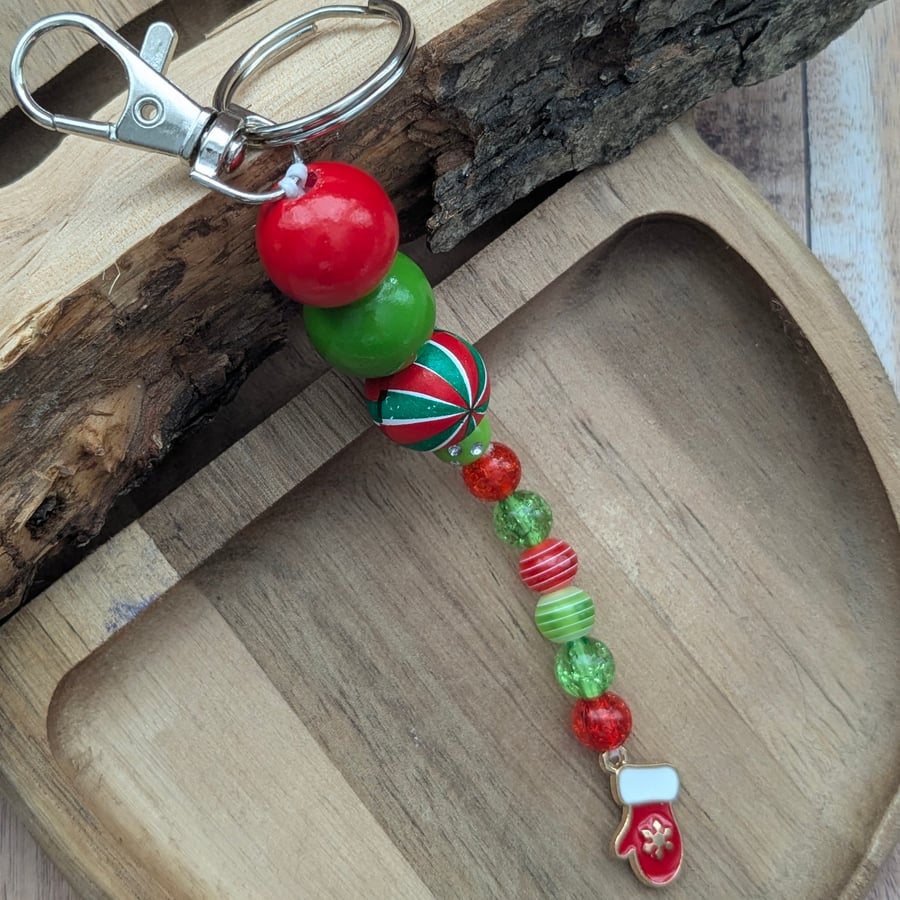 Snowflake beaded keyring, handbag charm, stocking filler. 