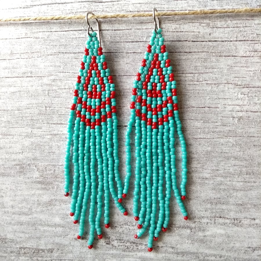 Long Fringe Beaded Earrings in Turquoise and Red