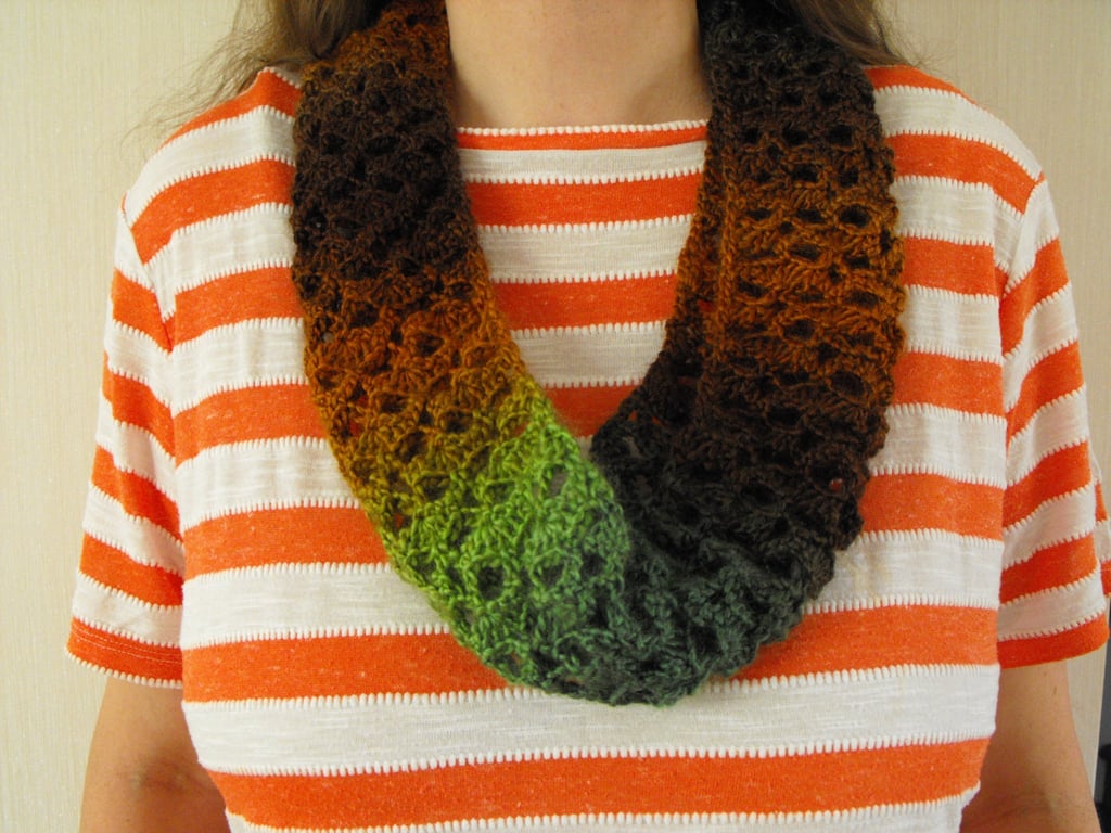 Crochet infinity scarf in natural greens and browns