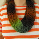 Crochet infinity scarf in natural greens and browns