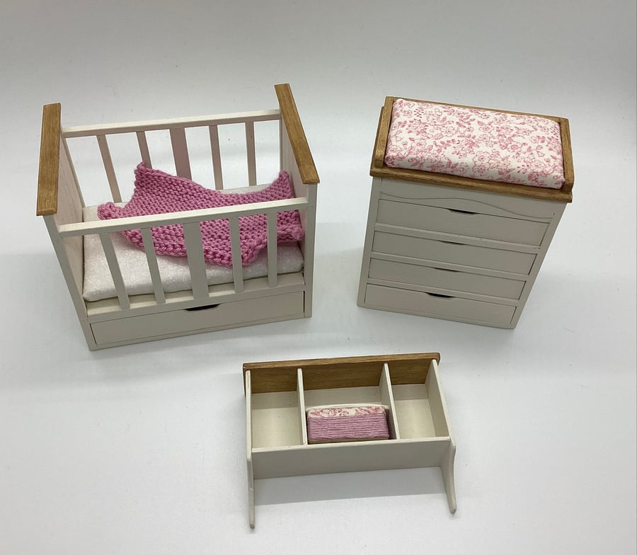 Handmade 1:12 scale dolls house nursery set with cot