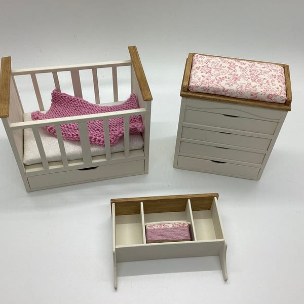 Handmade 1:12 scale dolls house nursery set with cot