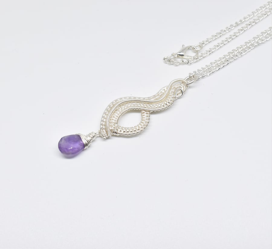 Wire Woven Purple Amethyst and Silver filled Pendant on a Silver Plated Chain