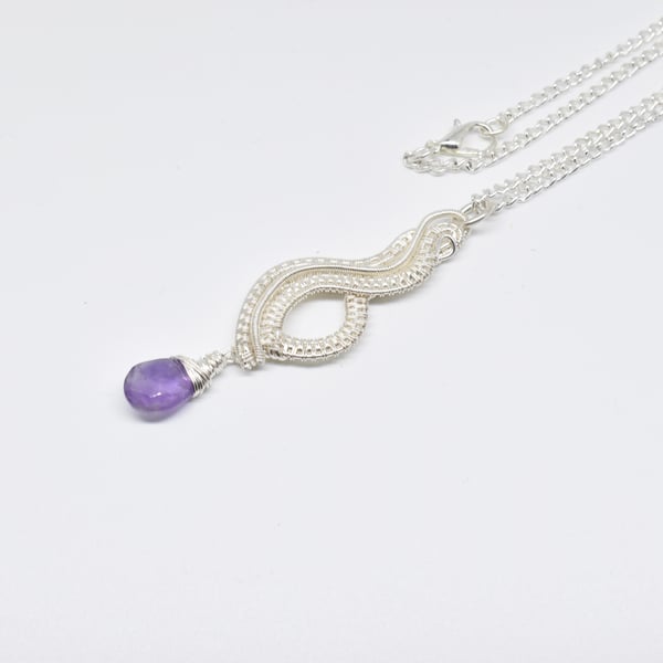 Wire Woven Purple Amethyst and Silver filled Pendant on a Silver Plated Chain