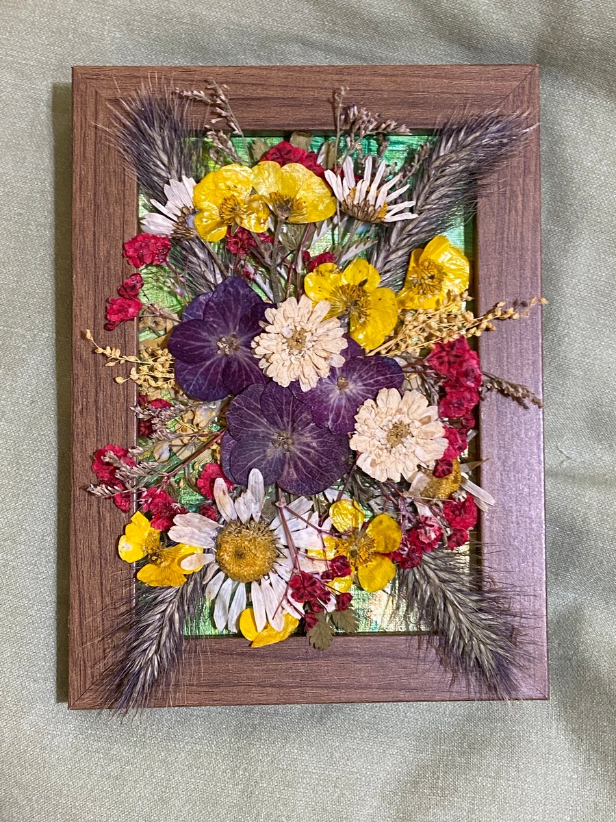 Handmade Dried and Pressed Flower Arrangement In Framed Picture