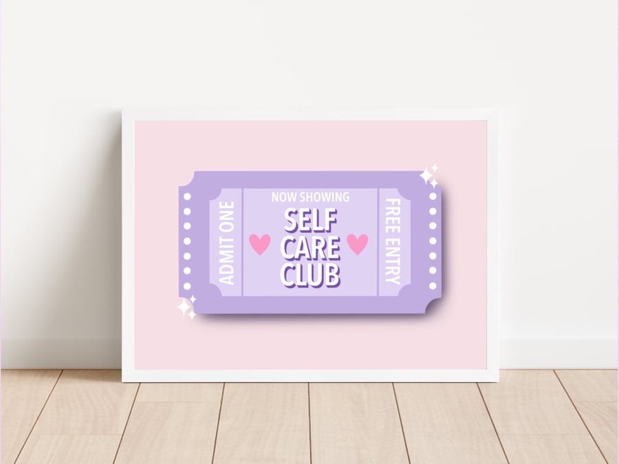 Self Care Club Wall Art Print, Self Love, Statement Wall Decor, Ticket Stub Art.