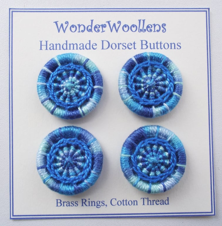 Dorset Buttons, Set of 4, Handmade, Variegated Blue Cotton,  1", 2.6cm