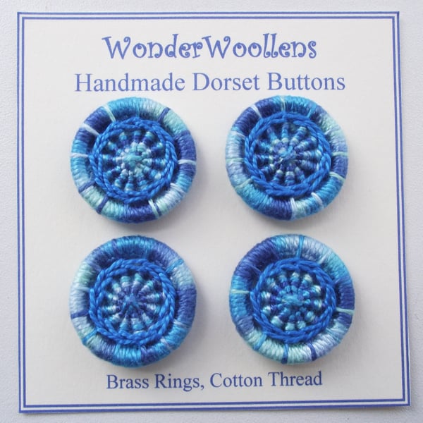 Dorset Buttons, Set of 4, Handmade, Variegated Blue Cotton,  1", 2.6cm