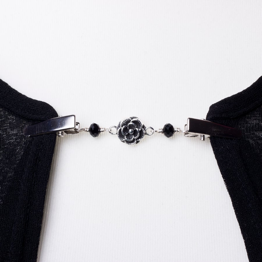 Flower and black bead sweater clip - Silver floral cardigan guard
