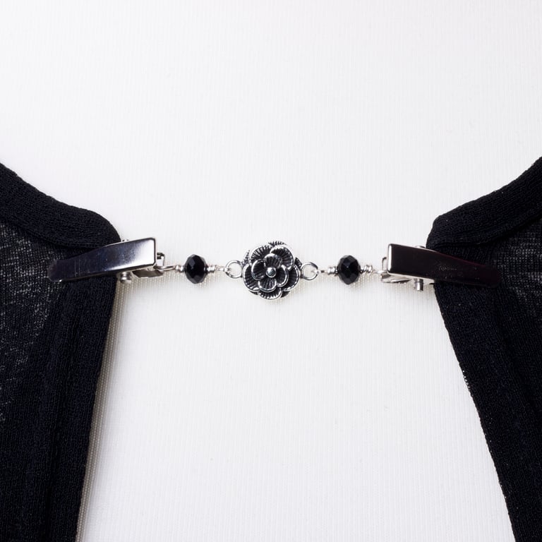 Flower and black bead sweater clip - Silver floral cardigan guard