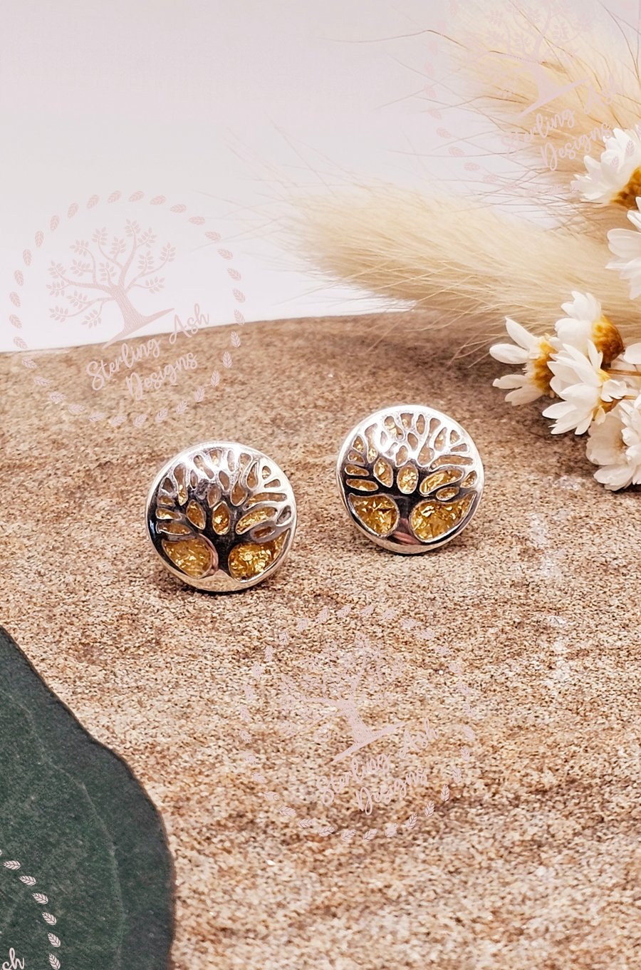 Handmade 925 sterling silver tree of life stud earrings with gold leaf