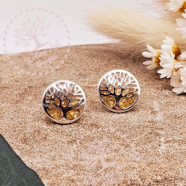 Handmade 925 sterling silver tree of life stud earrings with gold leaf