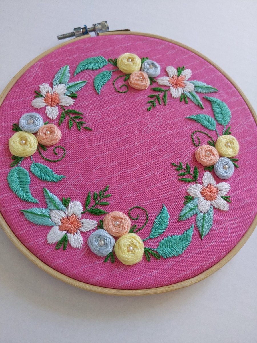 Pink Floral Embroidery Hoop Art 