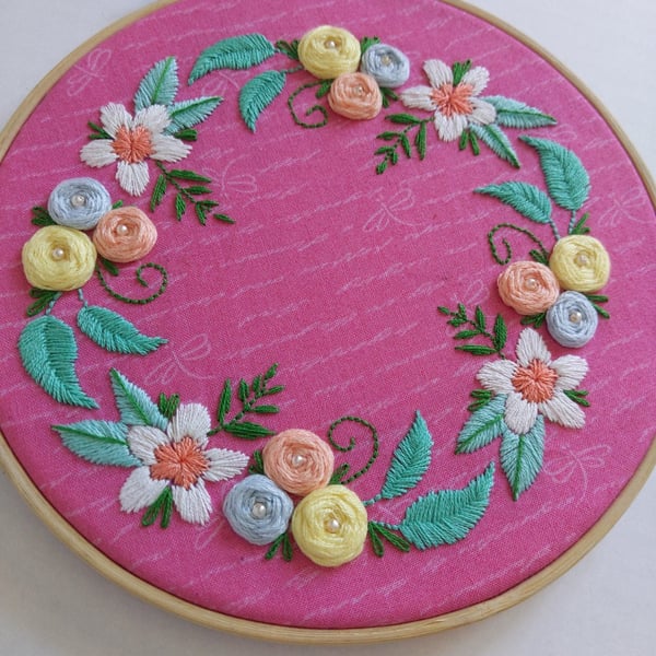 Pink Floral Embroidery Hoop Art 