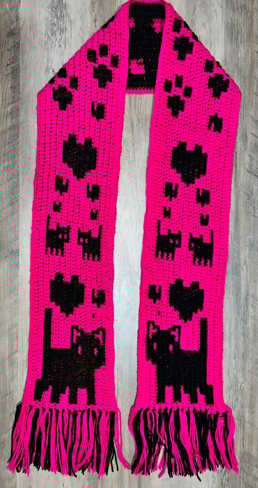 Bright Pink & Black Crochet Scarf with Cat & Heart Design