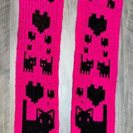 Bright Pink & Black Crochet Scarf with Cat & Heart Design