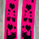 Bright Pink & Black Crochet Scarf with Cat & Heart Design