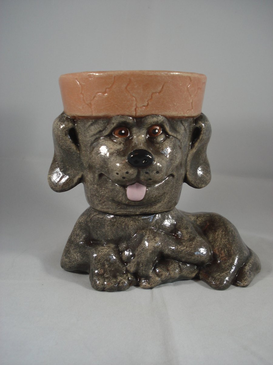 Small Ceramic Novelty Brown Dog Puppy Garden Flower Herb Plant Pot Candle Holder