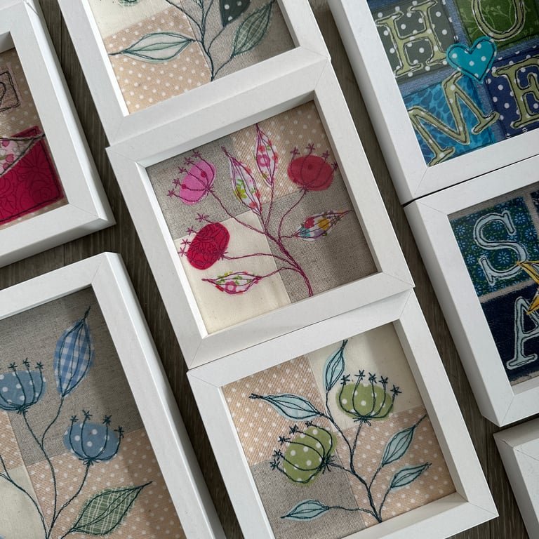 Framed Textile Art. Small Seedpods. Machine Embroidered Appliqués. Home Decor 