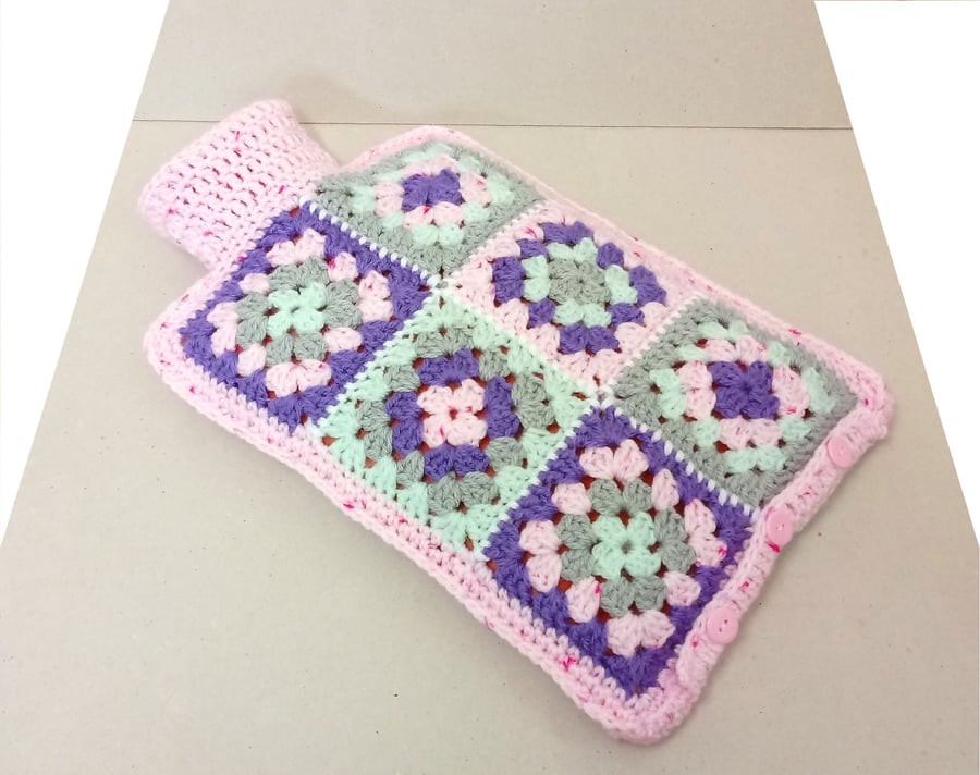 Hot water bottle cover in pink, purple, turquoise and grey, hot bottle cozy