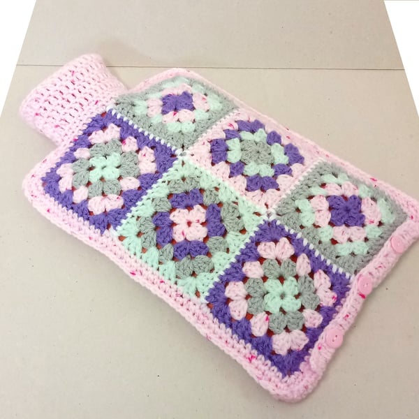 Hot water bottle cover in pink, purple, turquoise and grey, hot bottle cozy