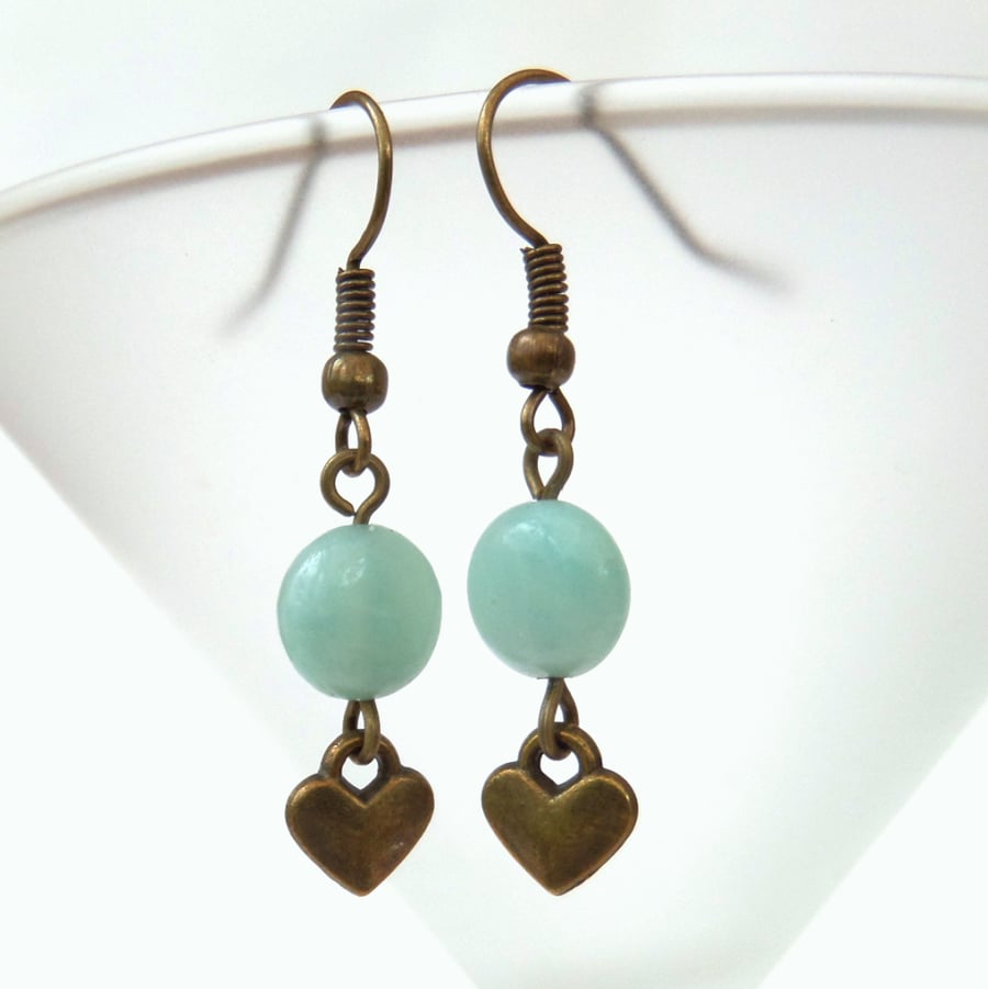 Amazonite gemstone bronze earrings, vintage style with heart charm