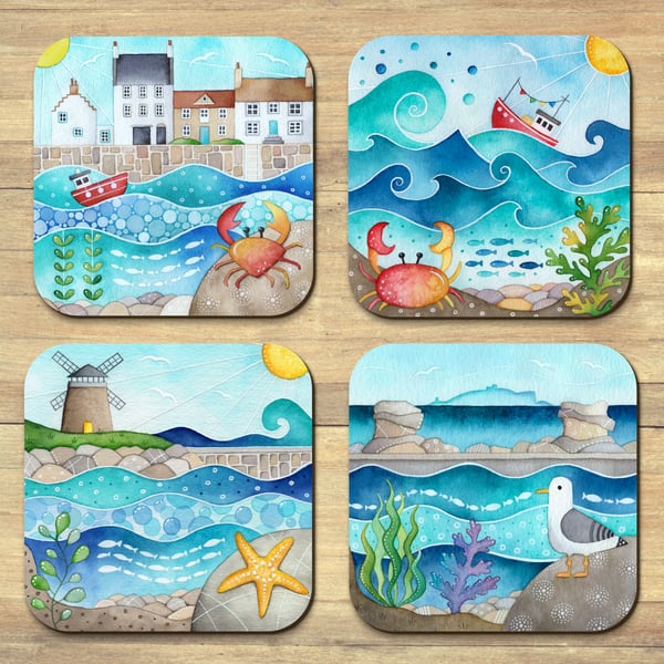 Seaside Coasters (Set of 4) Scottish Watercolour Art - East Neuk Seagull, Crab
