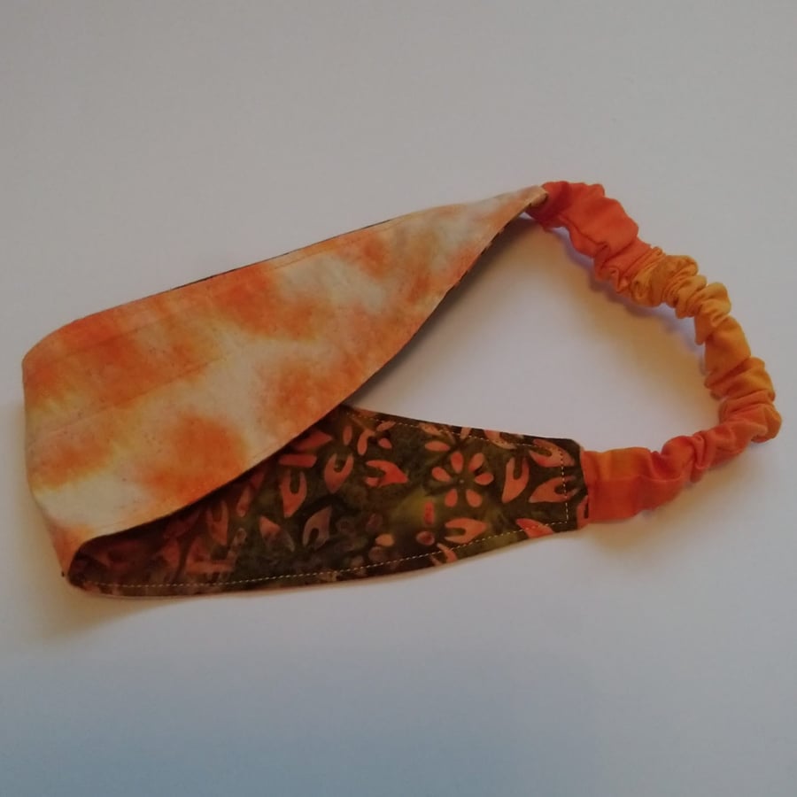 Orange and Bronze Flower Batik Reversible Headband