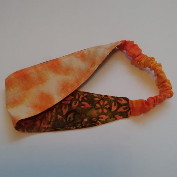 Orange and Bronze Flower Batik Reversible Headband