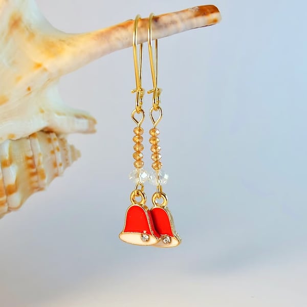 Christmas Bell Earrings With Sparkly Crystal, Stocking Filler, Secret Santa Gift