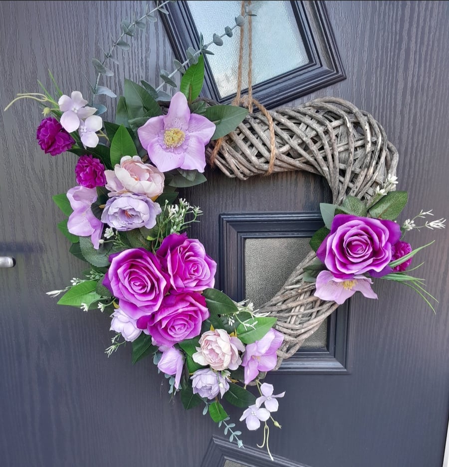 Purple Floral Heart Door Wreath, home decor, grey wicker heart, 40cm