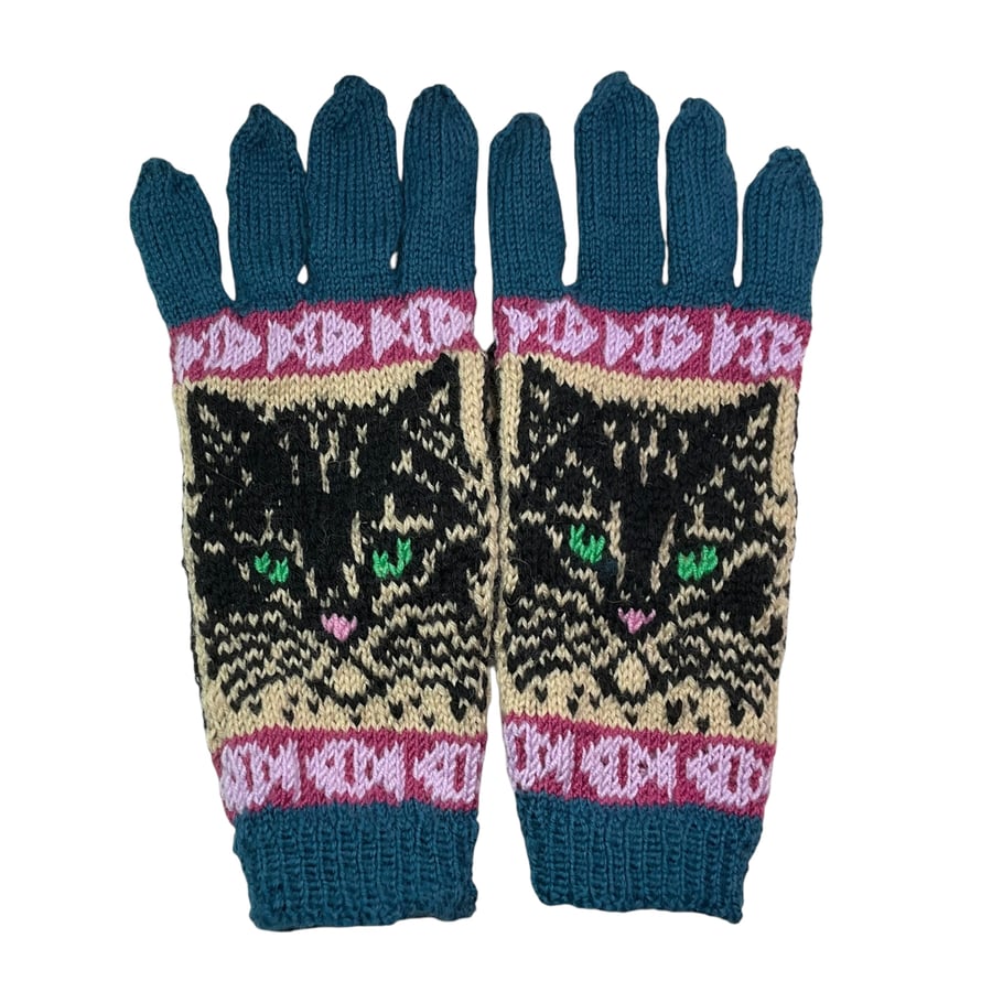  Gloves with cat hand knitted in merino wool, handmade gloves, cat lover gift