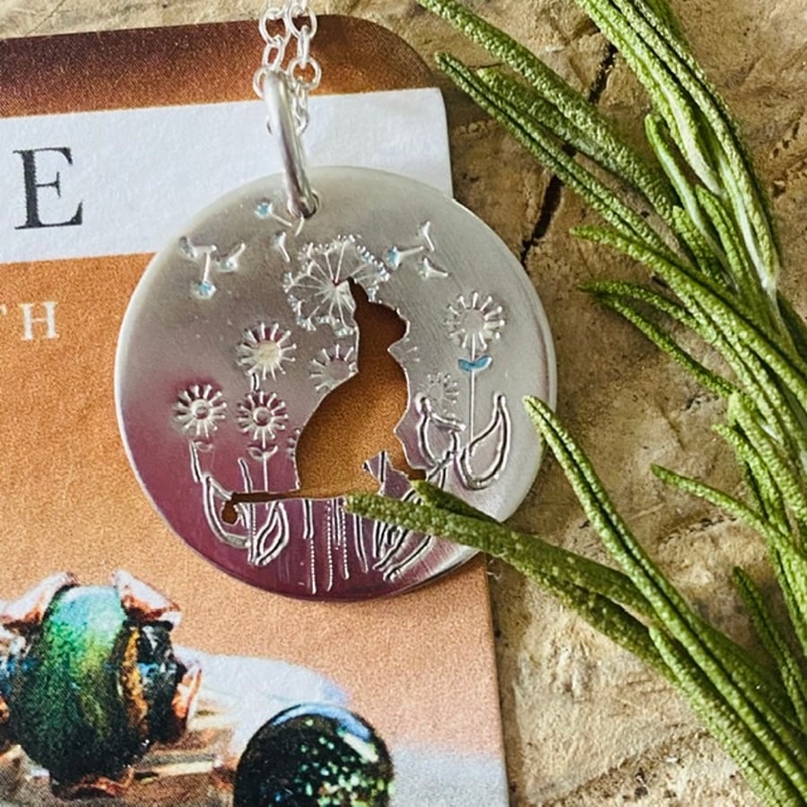 out of stockCat in a Meadow Silver Necklace, Kitten Pendant.