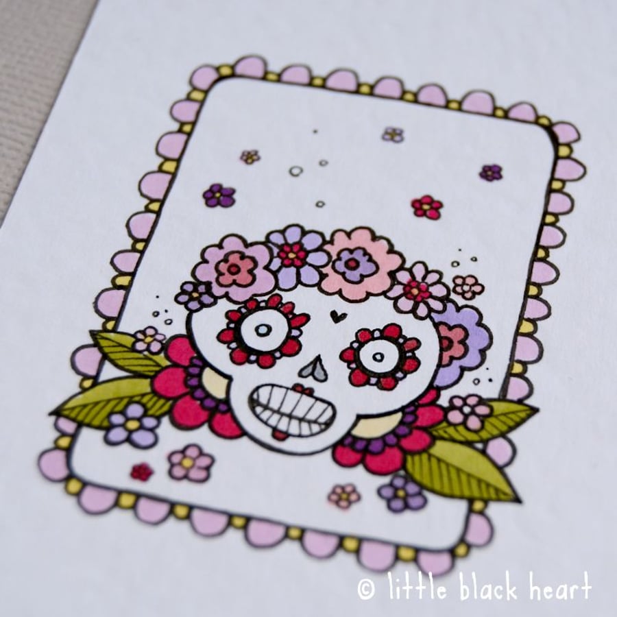 little lady skull - original aceo (pink border)