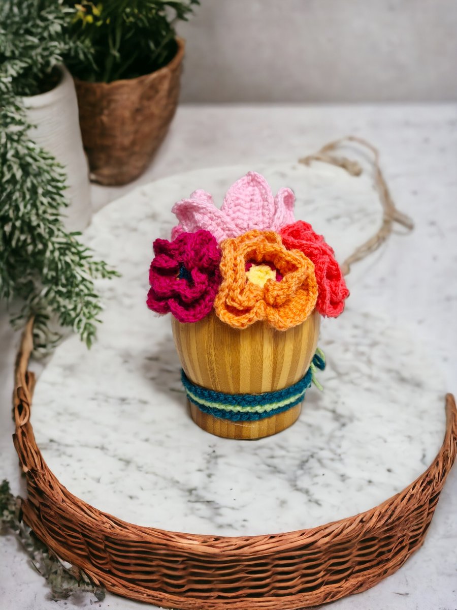 wood basket  with crocheted poppies and tulips