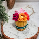 wood basket  with crocheted poppies and tulips