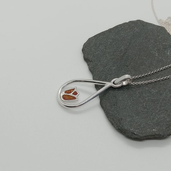 Glass enamelled tulip in a raindrop pendant sterling silver hallmarked