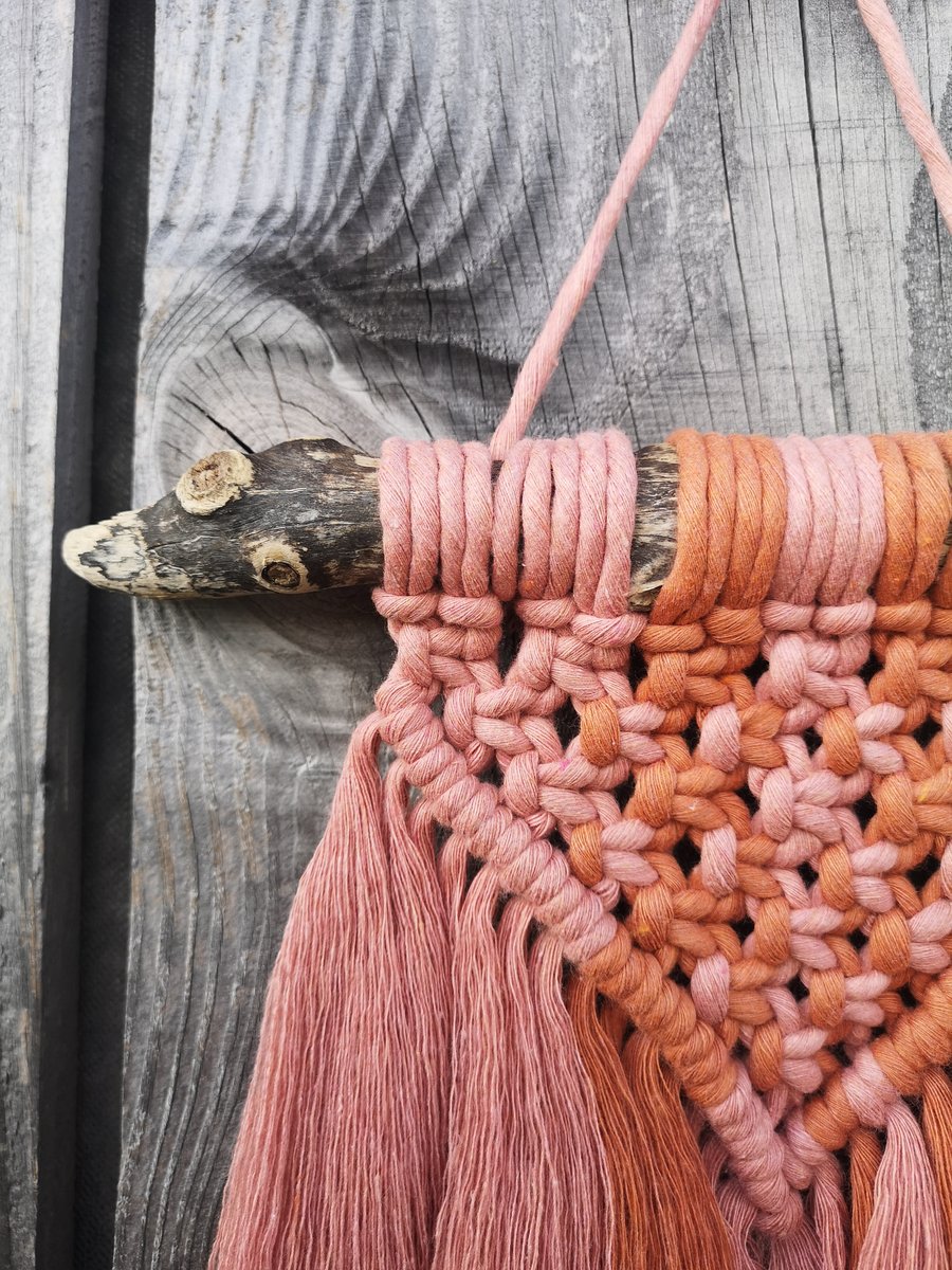 Mini Peachy Pink Macrame Wall Hanging with Driftwood