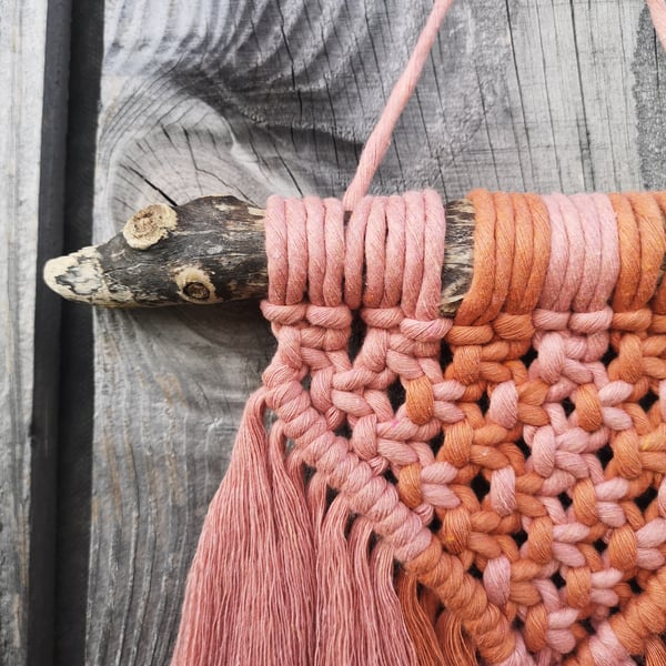 Mini Peachy Pink Macrame Wall Hanging with Driftwood