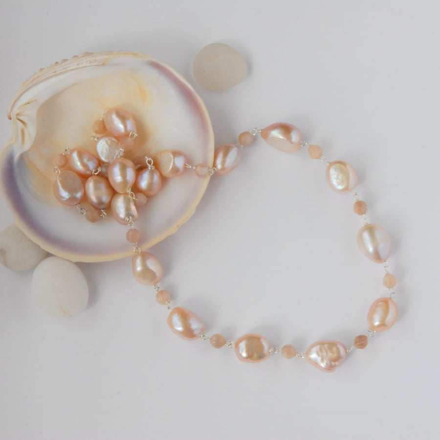 Peach pearl and sunstone sterling silver necklace